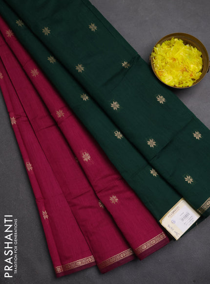 Semi maheswari cotton saree magenta pink and bottle green with zari woven buttas and small zari woven border