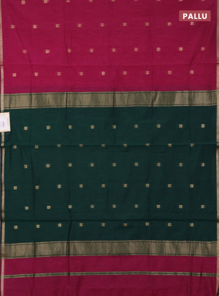 Semi maheswari cotton saree magenta pink and bottle green with zari woven buttas and small zari woven border
