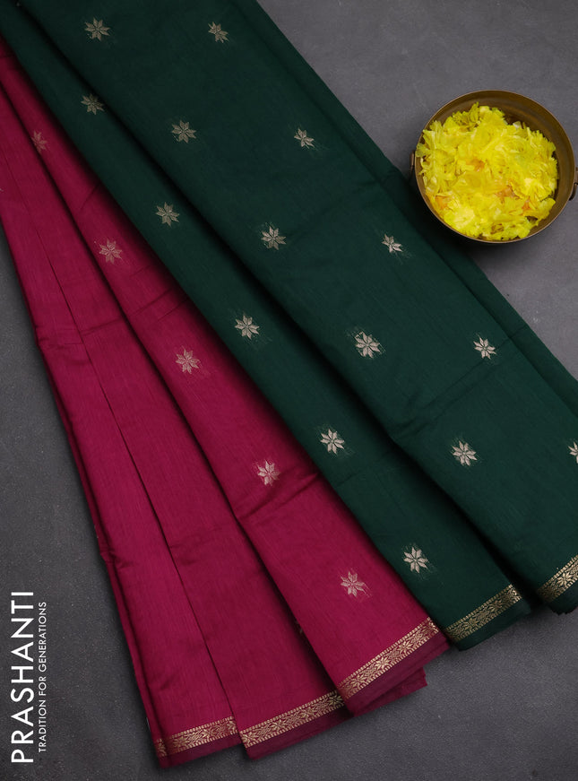 Semi maheswari cotton saree magenta pink and bottle green with zari woven buttas and small zari woven border