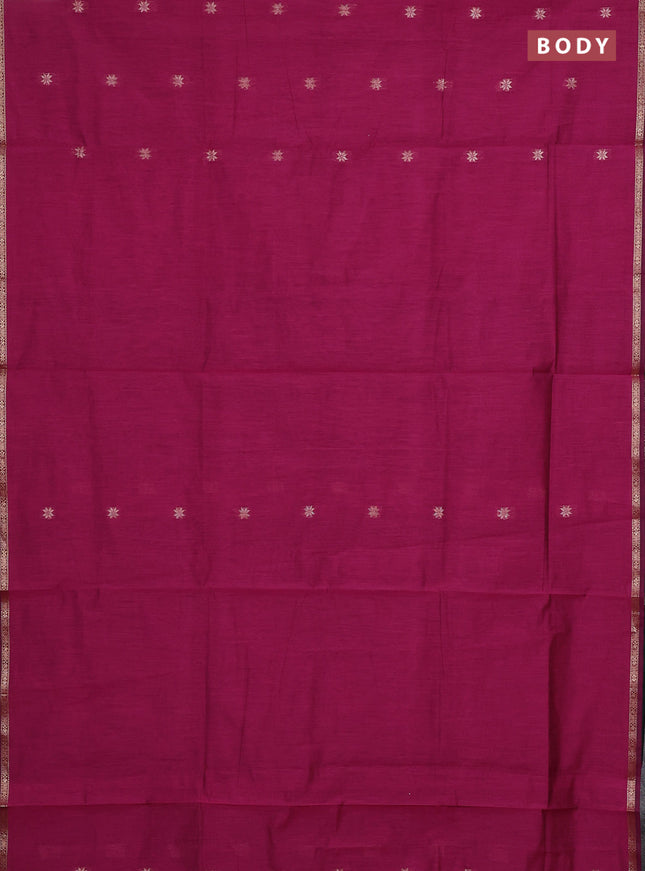 Semi maheswari cotton saree magenta pink and bottle green with zari woven buttas and small zari woven border
