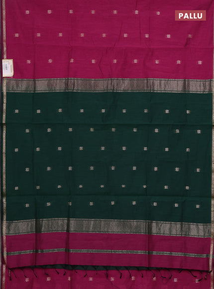 Semi maheswari cotton saree magenta pink and bottle green with zari woven buttas and small zari woven border