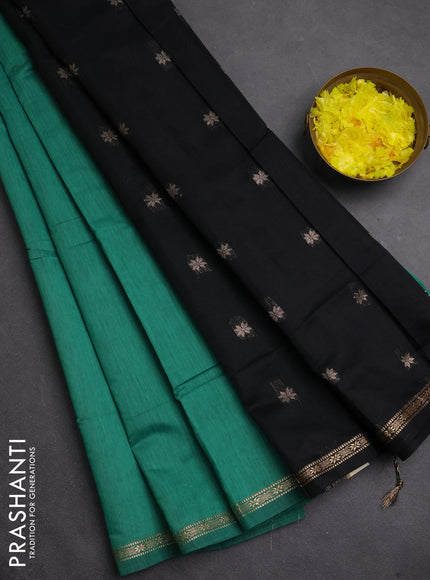 Semi maheswari cotton saree green and black with zari woven buttas and small zari woven border