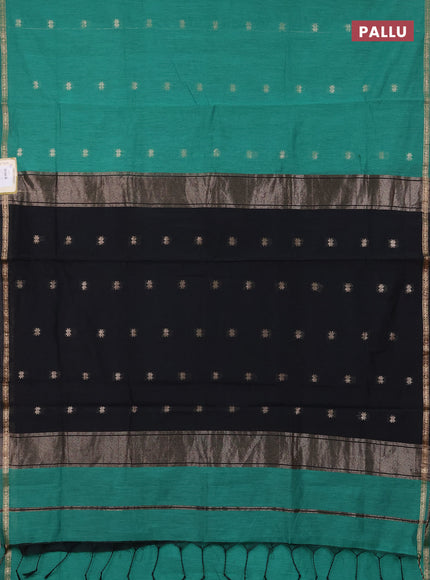 Semi maheswari cotton saree green and black with zari woven buttas and small zari woven border