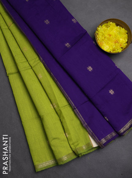 Semi maheswari cotton saree lime green and violet with zari woven buttas and small zari woven border
