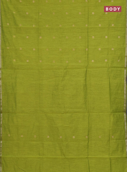 Semi maheswari cotton saree lime green and violet with zari woven buttas and small zari woven border