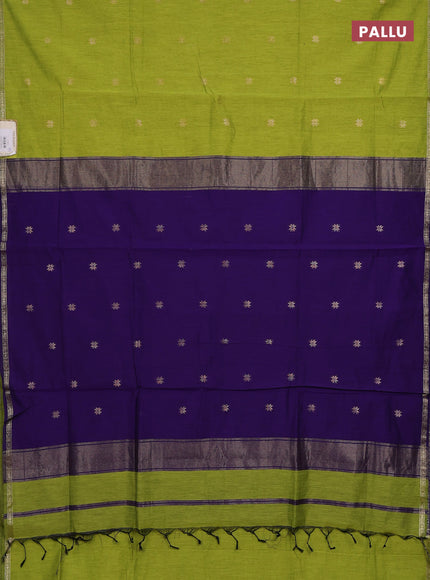 Semi maheswari cotton saree lime green and violet with zari woven buttas and small zari woven border