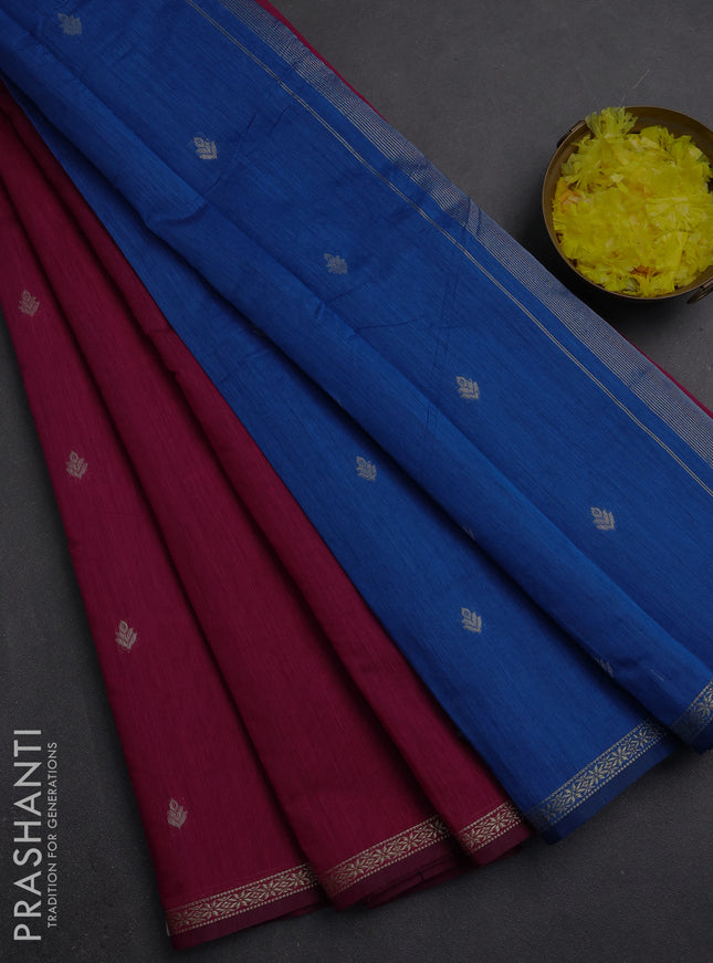 Semi maheswari cotton saree magenta pink and blue with zari woven buttas and small zari woven border