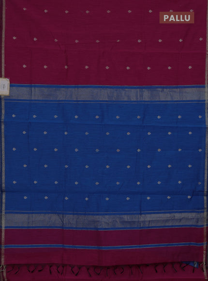Semi maheswari cotton saree magenta pink and blue with zari woven buttas and small zari woven border