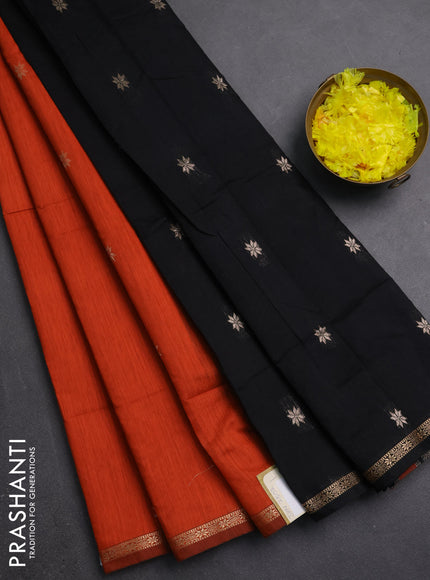 Semi maheswari cotton saree orange and black with zari woven buttas and small zari woven border