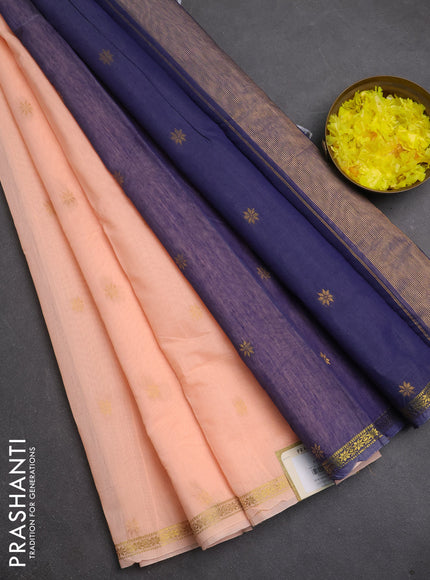 Semi maheswari cotton saree peach shade and blue shade with zari woven buttas and small zari woven border