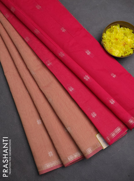 Semi maheswari cotton saree peach and pink with zari woven buttas and small zari woven border