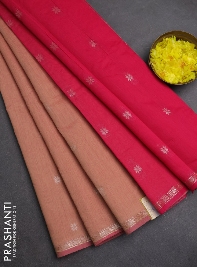 Semi maheswari cotton saree peach and pink with zari woven buttas and small zari woven border