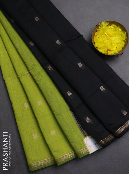 Semi maheswari cotton saree lime green and black with zari woven buttas and small zari woven border