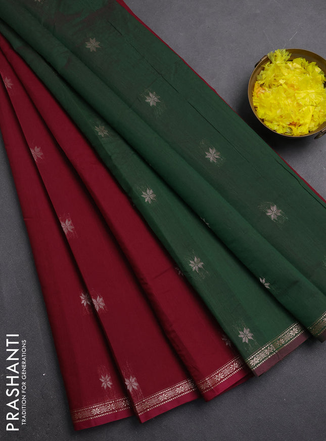 Semi maheswari cotton saree maroon and green with zari woven buttas and small zari woven border
