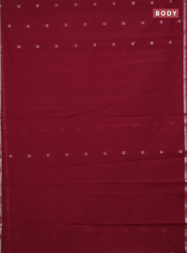 Semi maheswari cotton saree maroon and green with zari woven buttas and small zari woven border