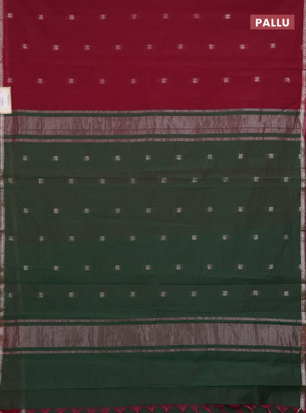 Semi maheswari cotton saree maroon and green with zari woven buttas and small zari woven border