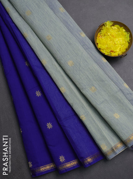 Semi maheswari cotton saree royal blue and pastel grey with zari woven buttas and small zari woven border