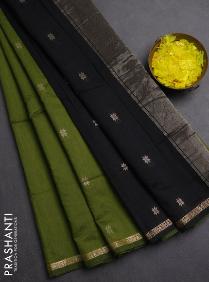 Semi maheswari cotton saree green and black with zari woven buttas and small zari woven border