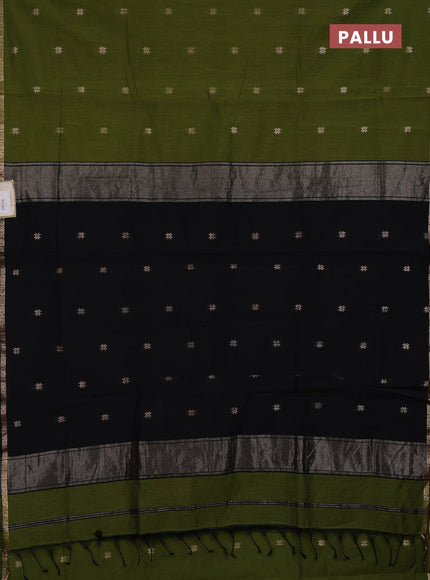 Semi maheswari cotton saree green and black with zari woven buttas and small zari woven border
