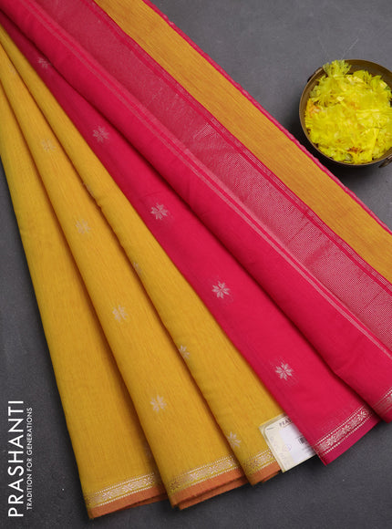 Semi maheswari cotton saree mustard yellow and pink with zari woven buttas and small zari woven border