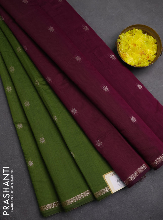 Semi maheswari cotton saree green and deep purple with zari woven buttas and small zari woven border