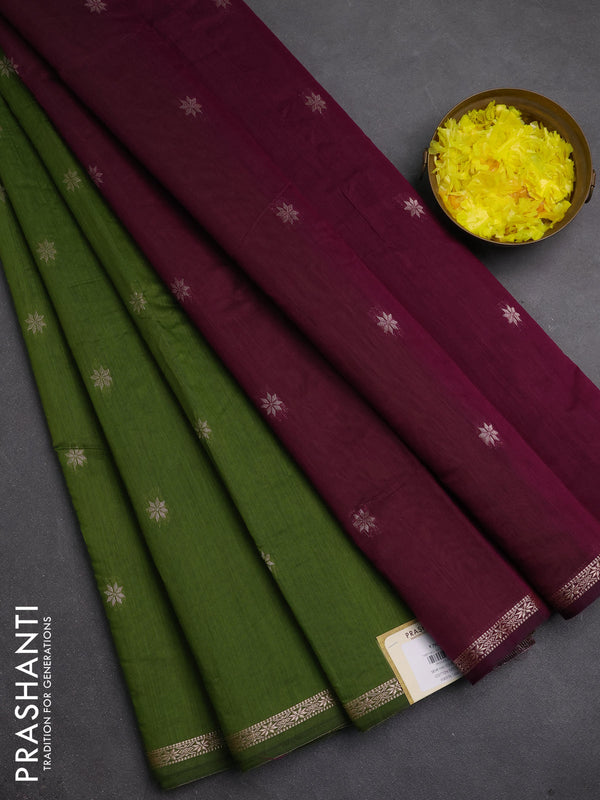 Semi maheswari cotton saree green and deep purple with zari woven buttas and small zari woven border