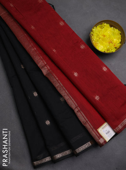 Semi maheswari cotton saree black and maroon with zari woven buttas and small zari woven border