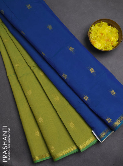 Semi maheswari cotton saree lime green and cs blue with zari woven buttas and small zari woven border