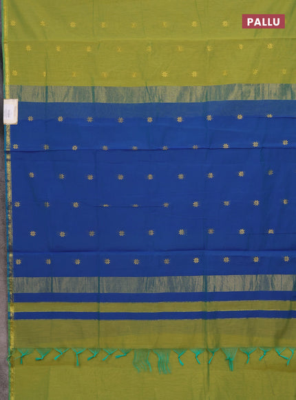 Semi maheswari cotton saree lime green and cs blue with zari woven buttas and small zari woven border