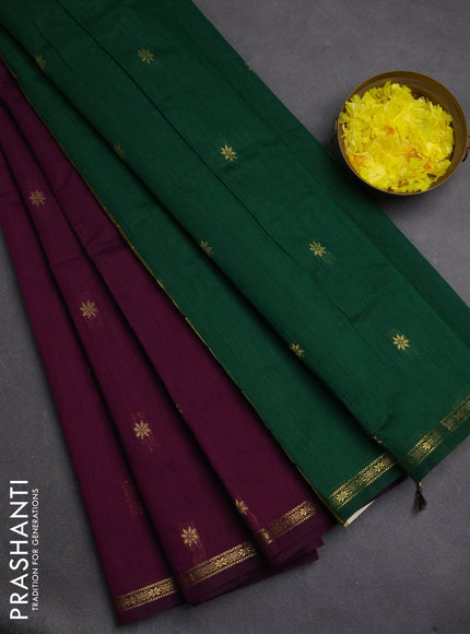 Semi maheswari cotton saree deep purple and green with zari woven buttas and small zari woven border
