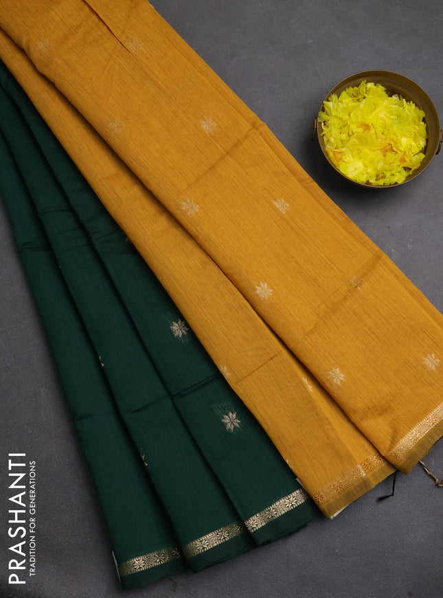 Semi maheswari cotton saree bottle green and mustard yellow with zari woven buttas and small zari woven border