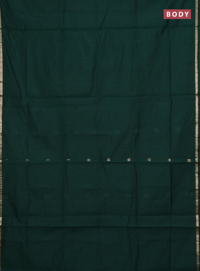 Semi maheswari cotton saree bottle green and mustard yellow with zari woven buttas and small zari woven border