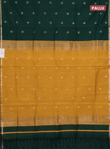 Semi maheswari cotton saree bottle green and mustard yellow with zari woven buttas and small zari woven border