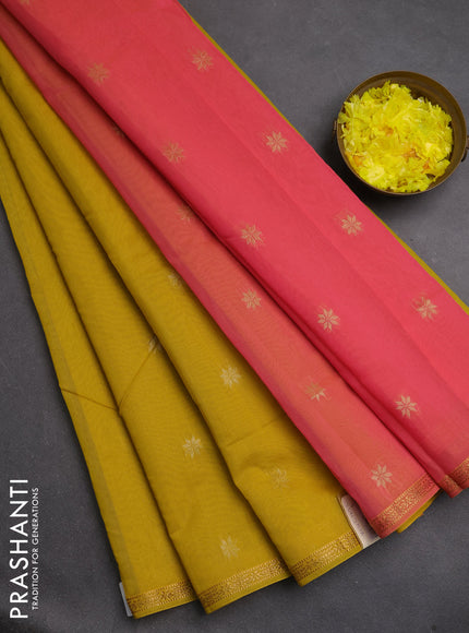 Semi maheswari cotton saree mustard yellow and peach with zari woven buttas and small zari woven border