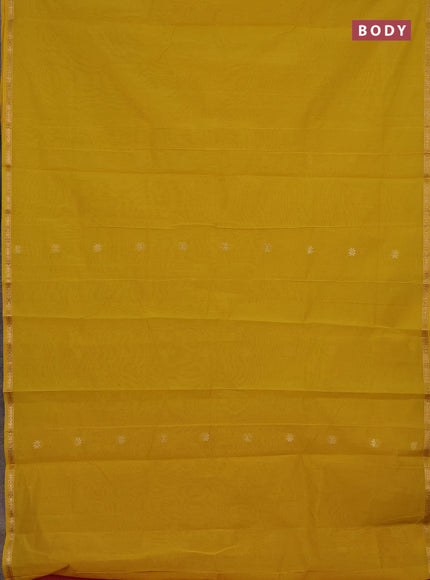 Semi maheswari cotton saree mustard yellow and peach with zari woven buttas and small zari woven border
