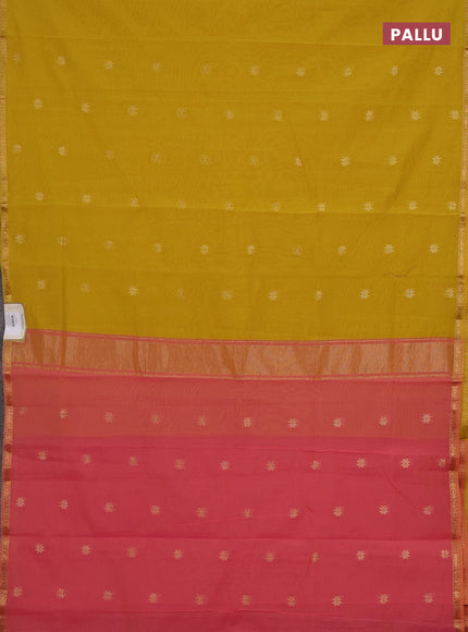 Semi maheswari cotton saree mustard yellow and peach with zari woven buttas and small zari woven border