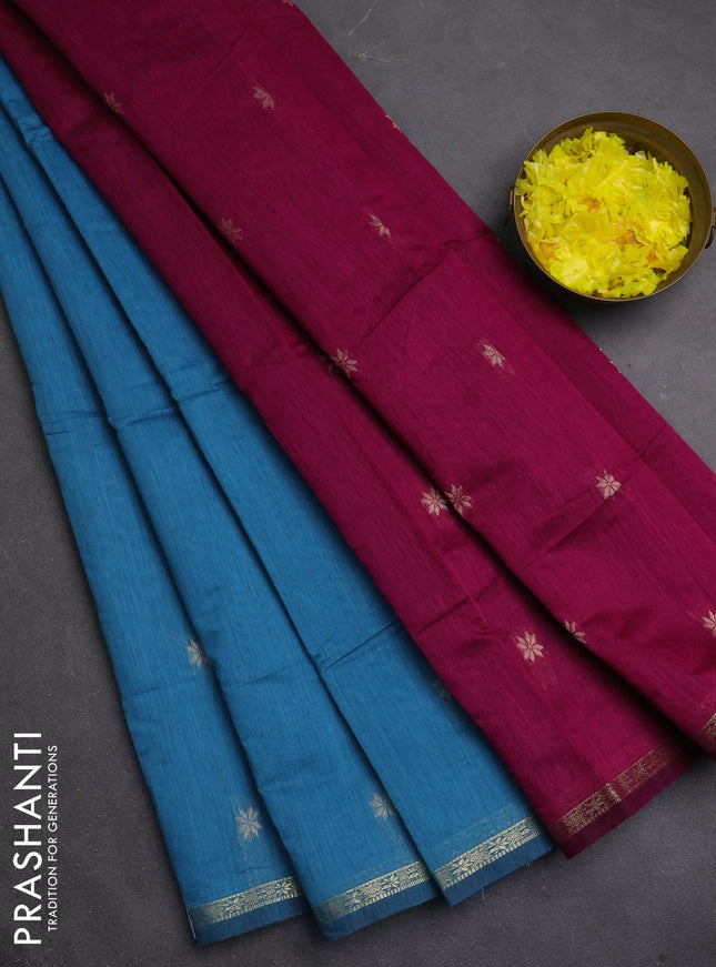 Semi maheswari cotton saree teal blue and pink with zari woven buttas and small zari woven border