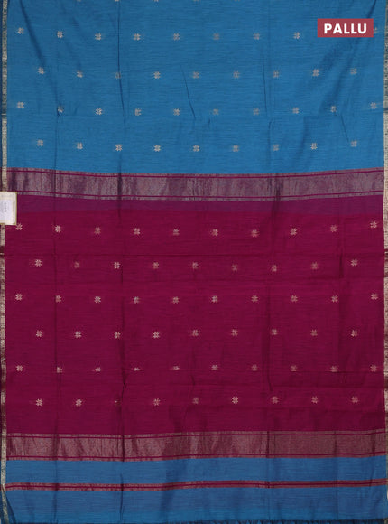 Semi maheswari cotton saree teal blue and pink with zari woven buttas and small zari woven border