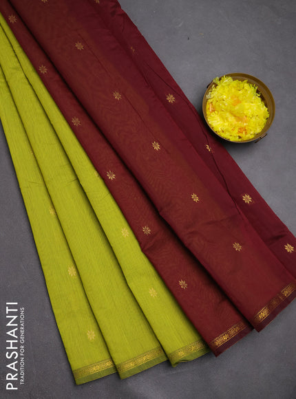 Semi maheswari cotton saree lime green and maroon with zari woven buttas and small zari woven border