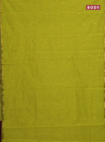 Semi maheswari cotton saree lime green and maroon with zari woven buttas and small zari woven border