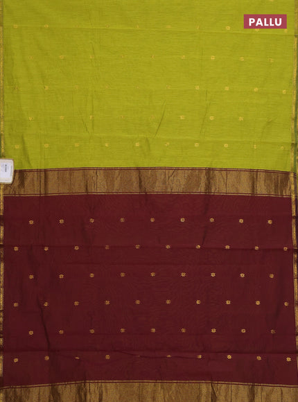 Semi maheswari cotton saree lime green and maroon with zari woven buttas and small zari woven border