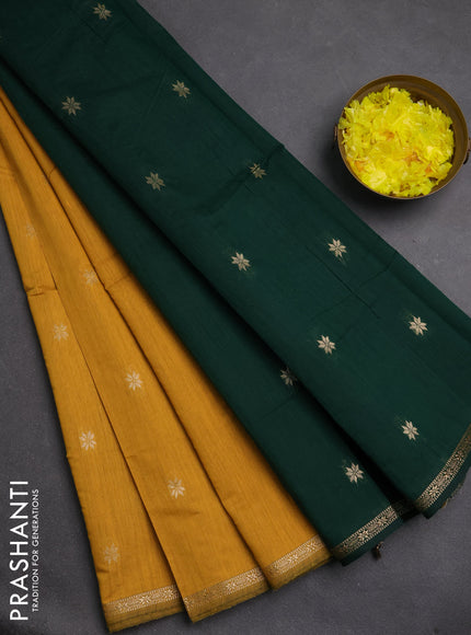 Semi maheswari cotton saree mustard yellow and bottle green with zari woven buttas and small zari woven border
