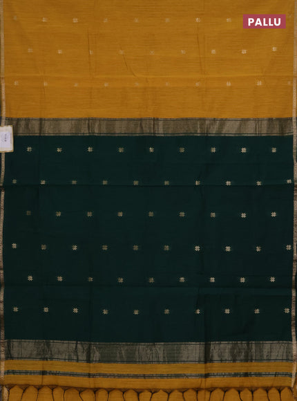 Semi maheswari cotton saree mustard yellow and bottle green with zari woven buttas and small zari woven border