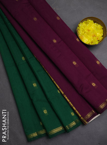 Semi maheswari cotton saree green and deep purple with zari woven buttas and small zari woven border