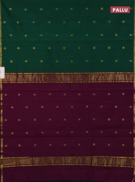 Semi maheswari cotton saree green and deep purple with zari woven buttas and small zari woven border
