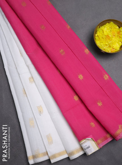 Semi maheswari cotton saree off white and pink with zari woven buttas and small zari woven border