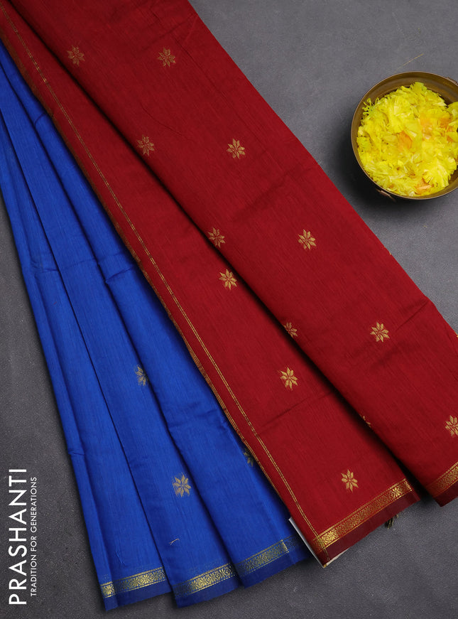 Semi maheswari cotton saree blue and maroon with zari woven buttas and small zari woven border