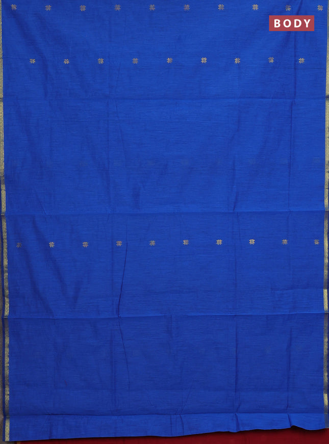 Semi maheswari cotton saree blue and maroon with zari woven buttas and small zari woven border