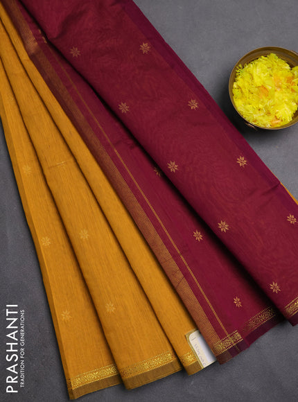 Semi maheswari cotton saree mustard and wine with zari woven buttas and small zari woven border