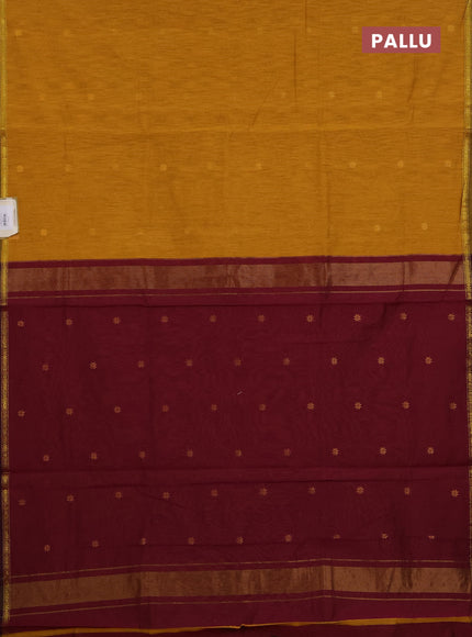 Semi maheswari cotton saree mustard and wine with zari woven buttas and small zari woven border